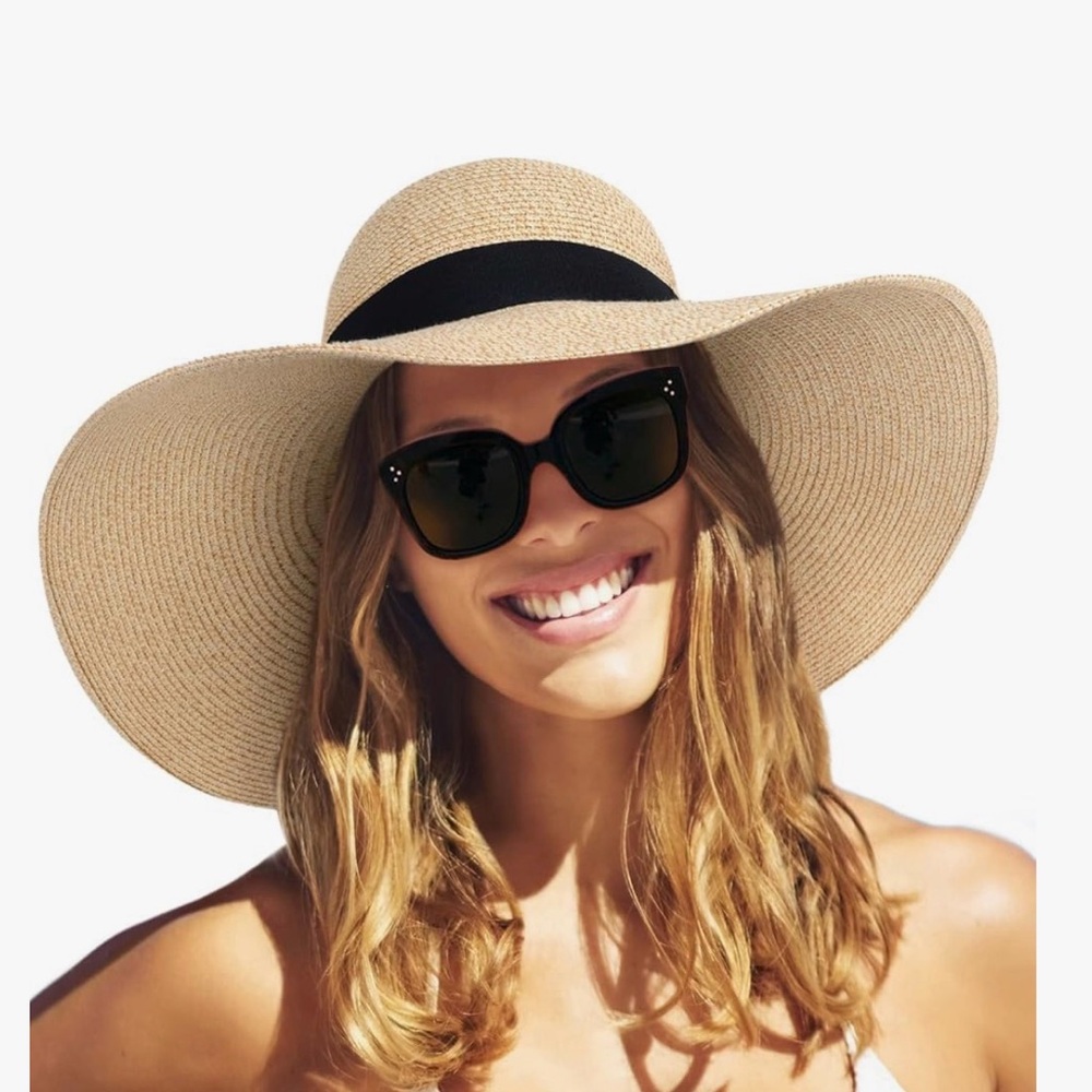Wide Brim Straw Sun Hat with Black Band - NWT